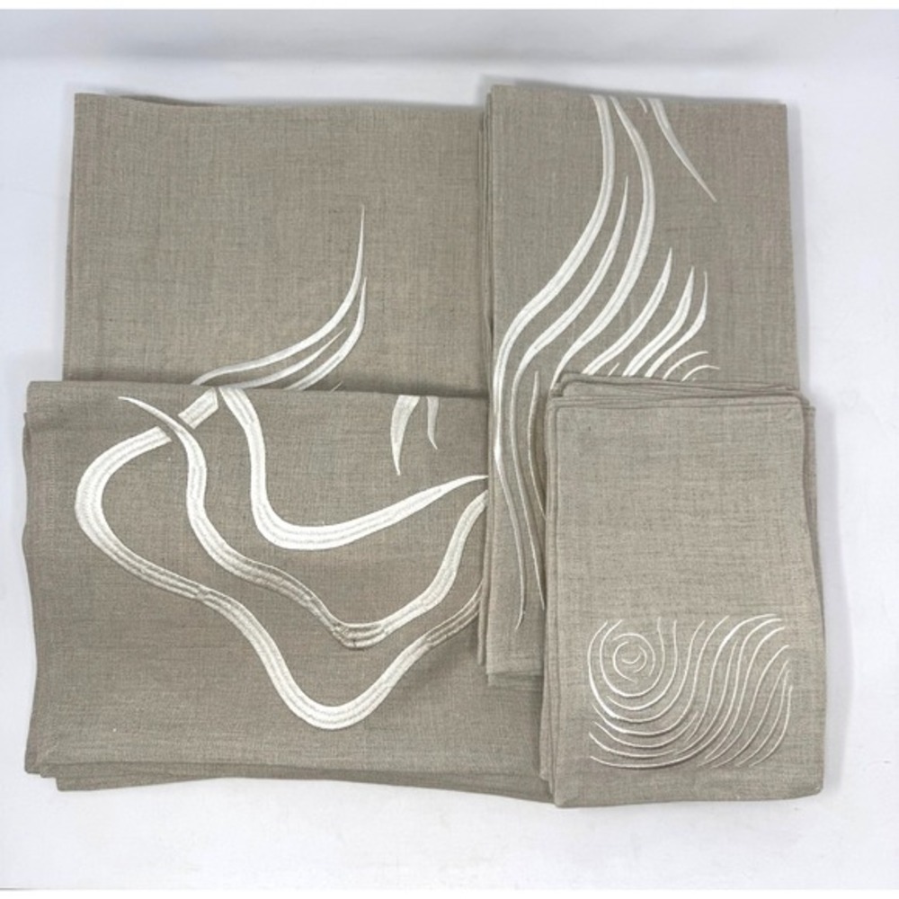Viabrava 100% Linen Embroidered Placemats Napkins 27 Pieces Abstract Coastal